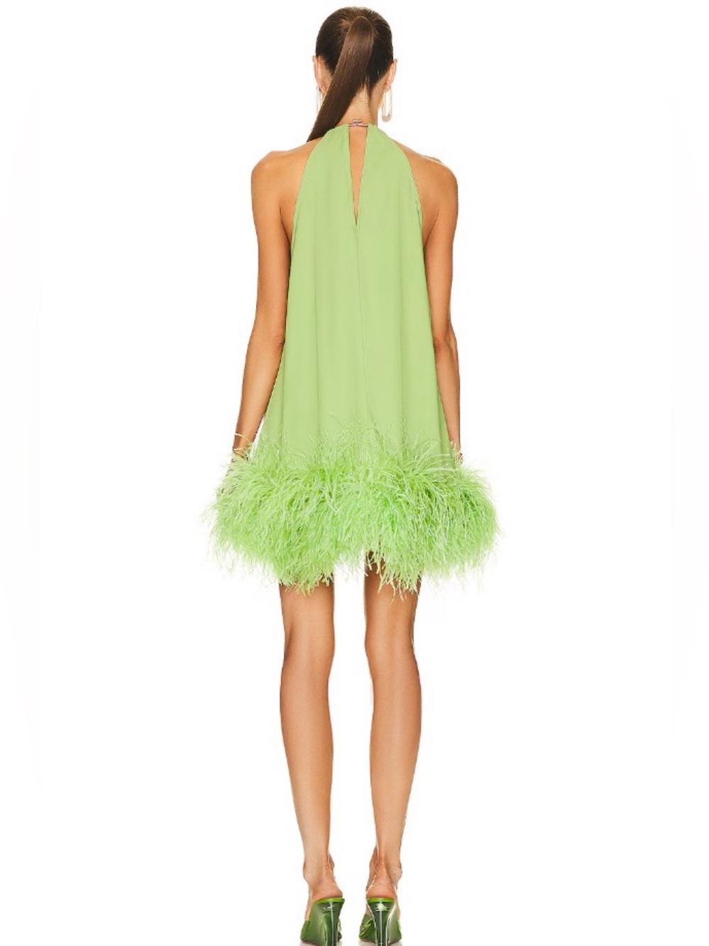 CULT GAIA Reeves Lime Ostrich Feather Embellished Halter Neck Mini Dress M NWT - Picture 2 of 5